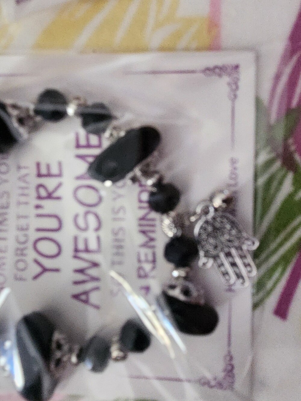 Black Natural Stone/Bead Hamsa Charm Bracelet - Silver Accent